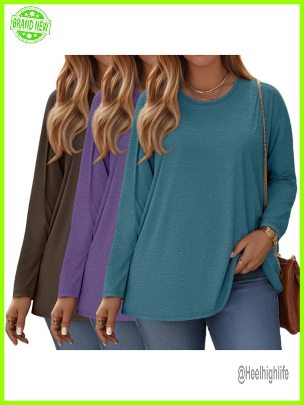 Oakgarden Plus Size 3 Pack Long Sleeve Crewneck T-Shirt Top Womens Casual